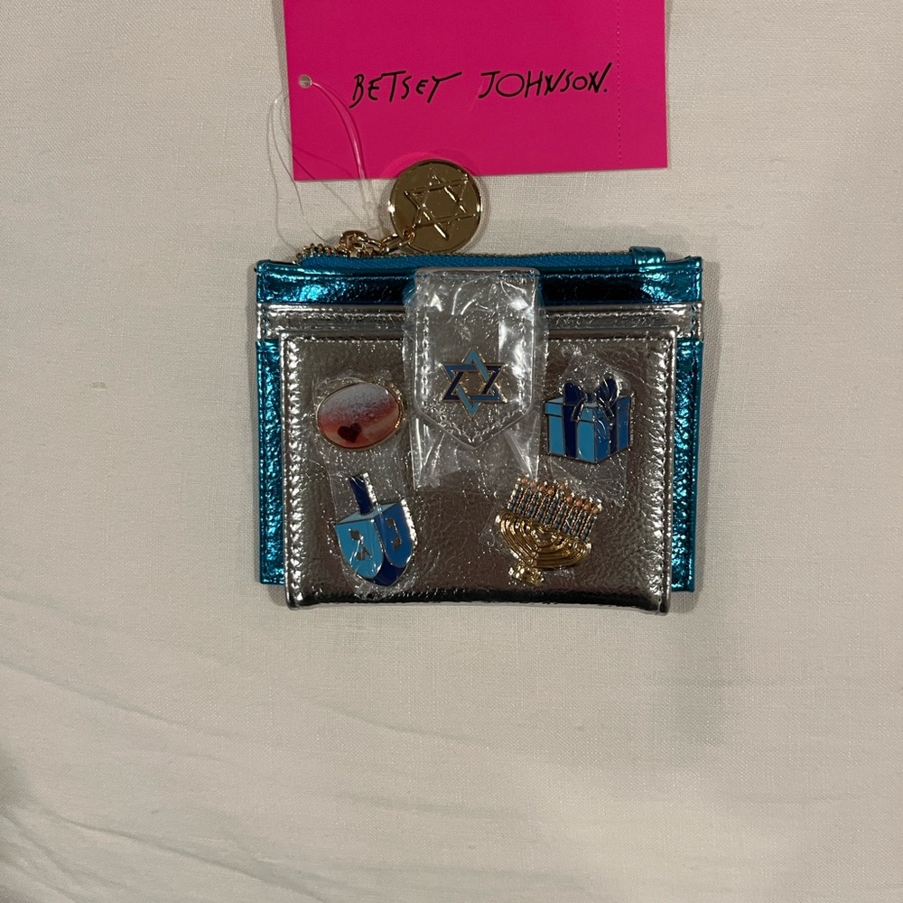 Betsey Johnson Silver and Blue Mazel Tov Wallet with Gold Charm - NWT